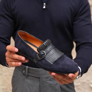 Men's Neblina Navy Suede Leather Single Monk Strap Dress Shoes image 2