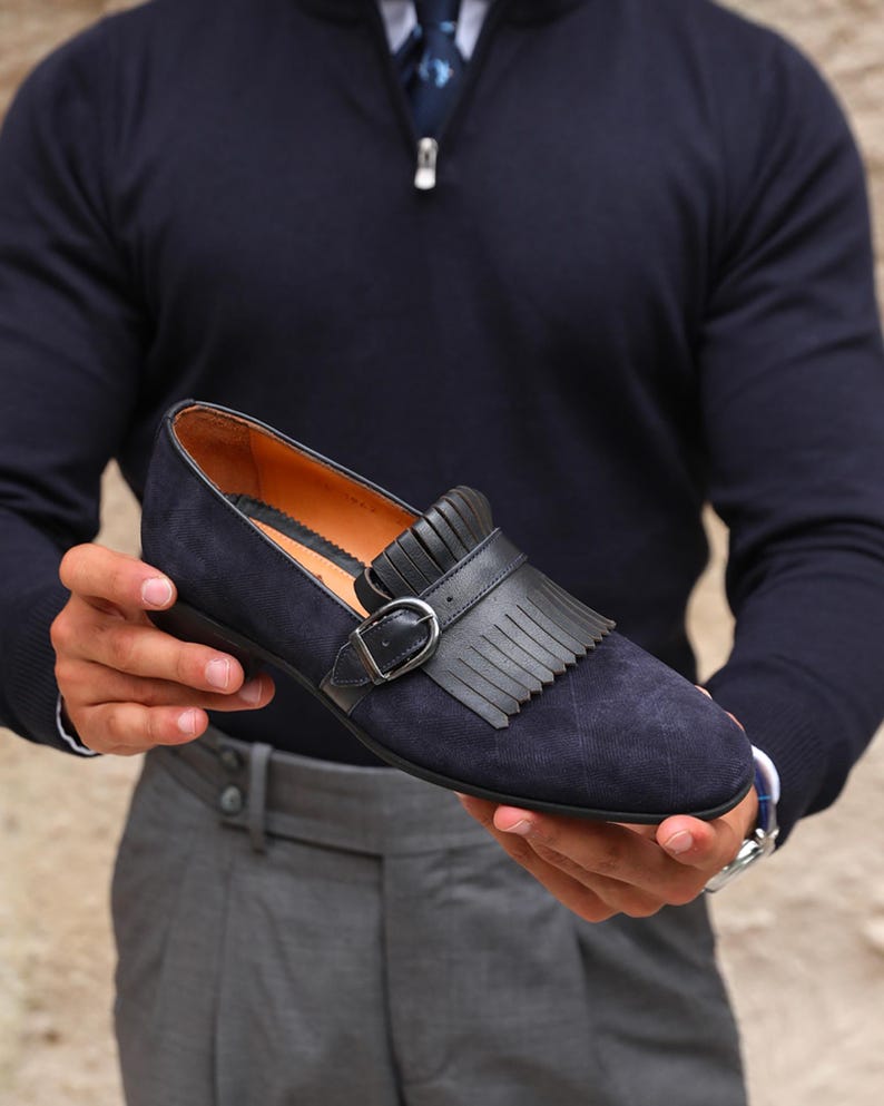 Men's Neblina Navy Suede Leather Single Monk Strap Dress Shoes image 2