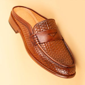 Men's Mawenzi Tan Leather Mules: Men's Patterned Calfskin Half Shoes image 4