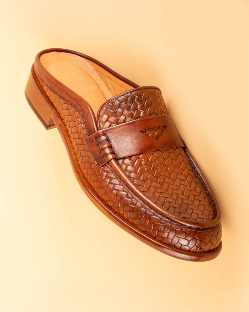 Men's Mawenzi Tan Leather Mules: Men's Patterned Calfskin Half Shoes image 4