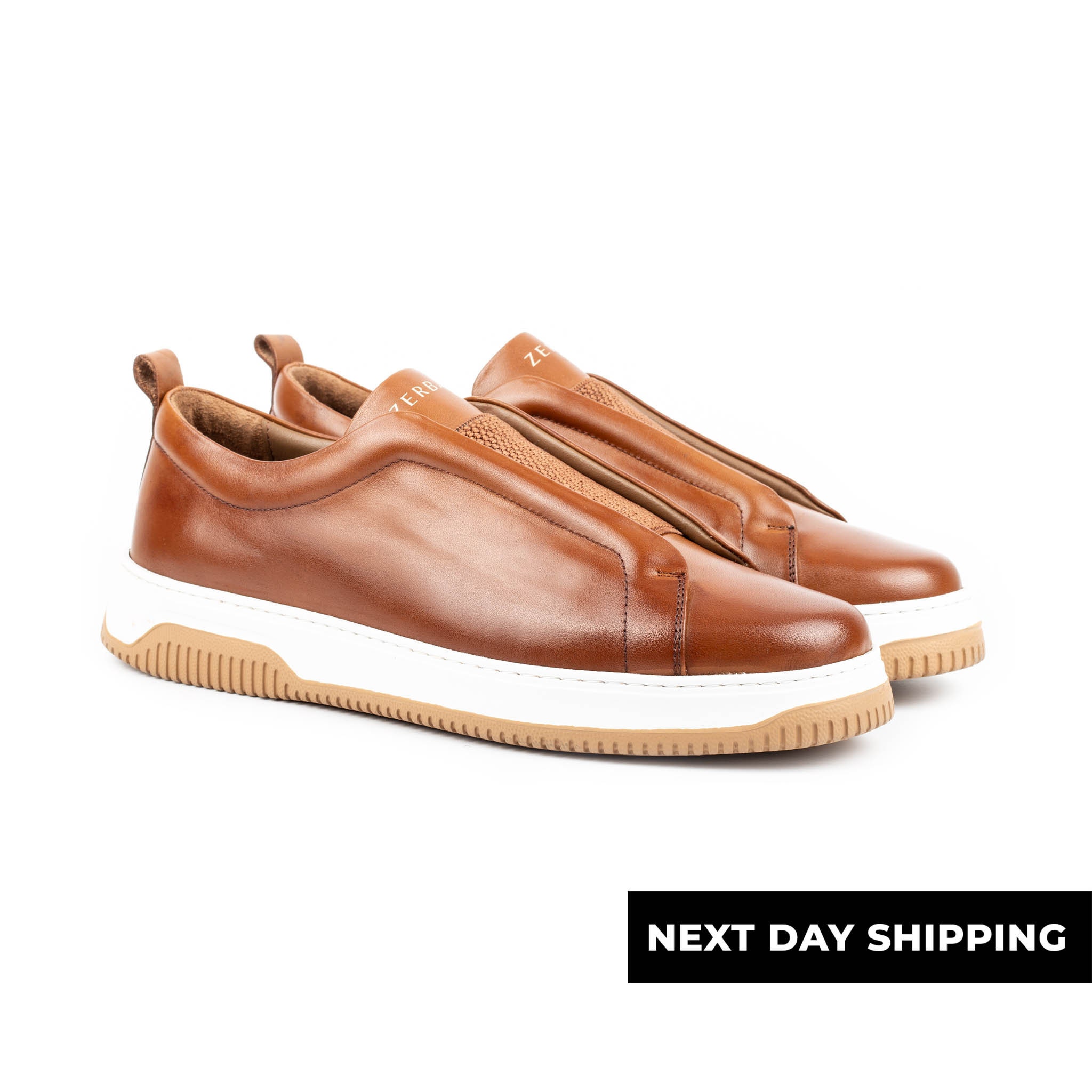 Zerbay Kamet Men's Tobacco Casual Slip On Calf Leather Handcrafted Dress Shoes Gift Eva Outsole Full Standard Size Side Wall Sole Stitched