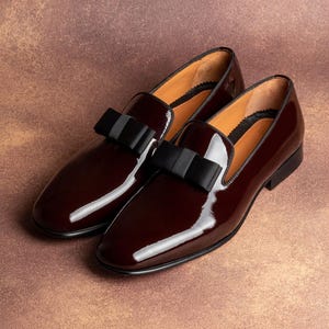 Men's Tolima Bordeaux Patent Leather Opera Pumps, Blake Stitched Tuxedo Loafers