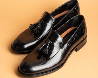 Men's Ruiz Black Calf Leather Tassel Loafers, Blake Stitched