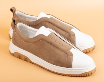 Men's Kamet Cream Leather Slip On Shoes, Woven Style