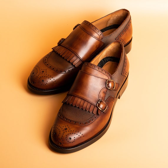 Zerbay Lhotse Herren Tabak Doppel Monk Strap Kalbsleder Handgefertigte Geschenk Anzugschuhe Microlight AuBensohle Voller StandardgroBe Blake genaht Etsy