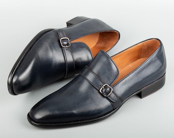 Men's Lucania Navy Calf Leather Single Monk Strap Dress Shoes, Blake Stitched