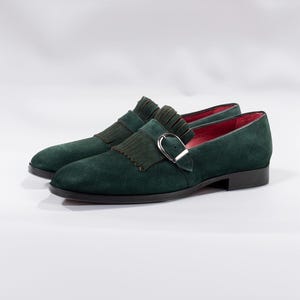 Men's Neblina Green Suede Leather Monk Strap Shoes, Blake Stitched Dress Shoes image 4