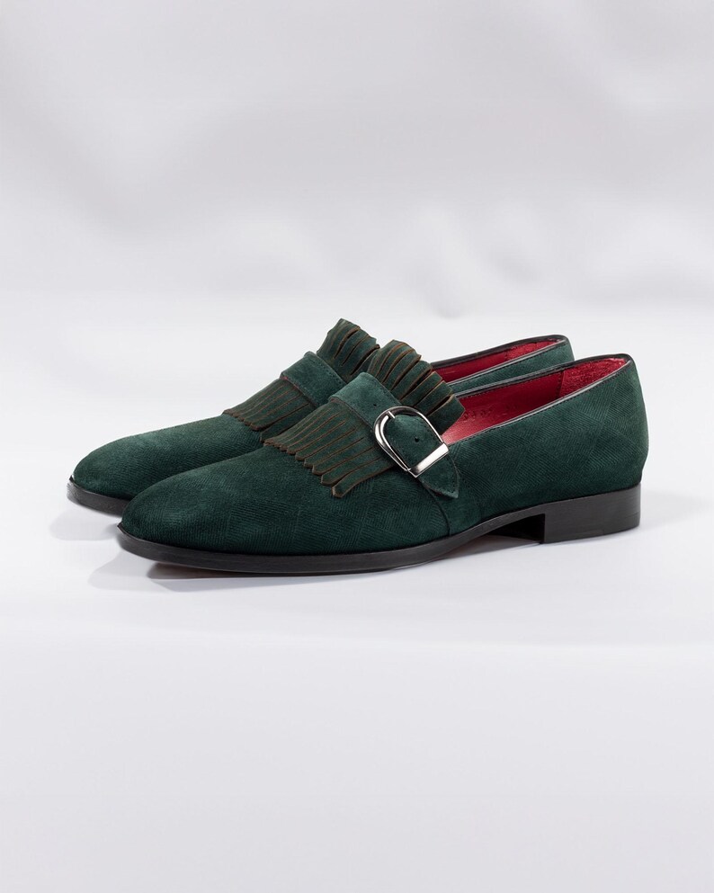 Men's Neblina Green Suede Leather Monk Strap Shoes, Blake Stitched Dress Shoes image 4