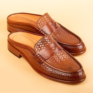 Men's Mawenzi Tan Leather Mules: Men's Patterned Calfskin Half Shoes image 3