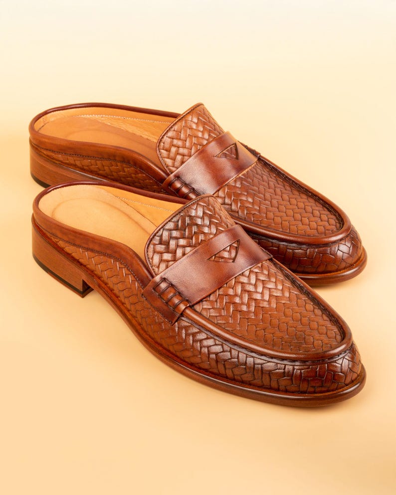 Men's Mawenzi Tan Leather Mules: Men's Patterned Calfskin Half Shoes image 3