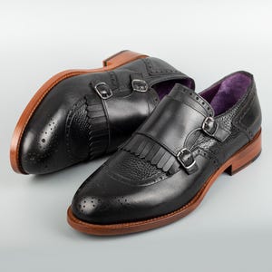 Men's Lhotse Black Leather Double Monk Strap Dress Shoes, Blake Stitched image 1