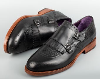 Men's Lhotse Black Leather Double Monk Strap Dress Shoes, Blake Stitched
