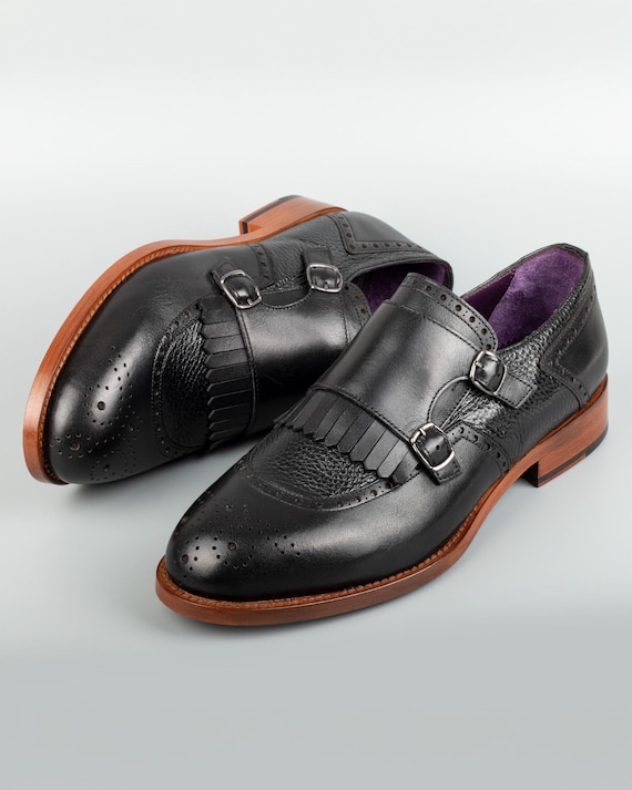 Men's Lhotse Black Leather Double Monk Strap Dress Shoes, Blake Stitched