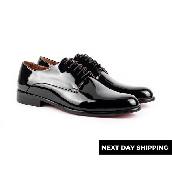 Zerbay Vinson Men's Black Patent Leather Lace Up Derby Tuxedo Handcrafted Dress Shoes Leather Outsole Full Standard Size Blake Stitched