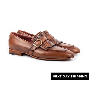 Zerbay Nevado Men&#39;s Tobacco Single Monk Strap Calf Leather Handcrafted Dress Shoes Leather Outsole Gift Full Standard Size Blake Stitched