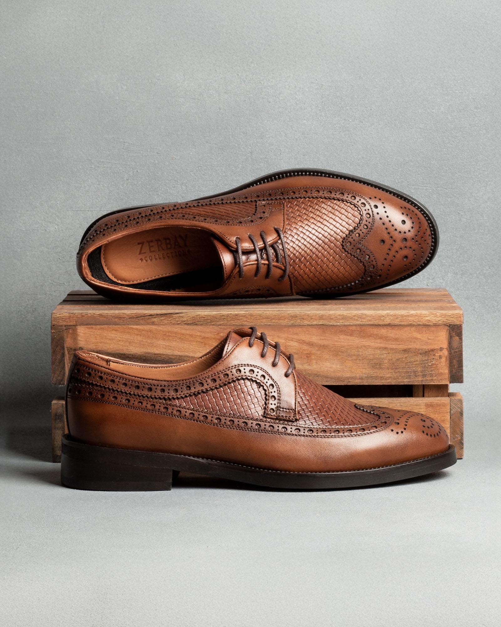 Cestfini Mens Wingtip Brogue Derby Shoes Tan Leather Dress Shoes Size 12 Brown Wingtip Brogue Derby Shoes – HolloMen main image 4