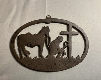Cowboy Horse at Cross Rustic Western Christian Decor Wall Art Hanging