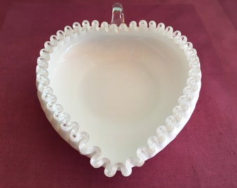 Fenton Silver Crest Heart-Shaped Relish Bowl-Milk Glass Candy Dish-Milk Glass Candy Bowl-Ruffled Edge Bowl