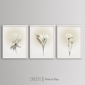White Beige Floral Heart Wall Art, 3-Piece Art Set, Vintage Floral Print, Tryptic Wall Art, Bohomodern Wall Art, Flower Printable Wall Art