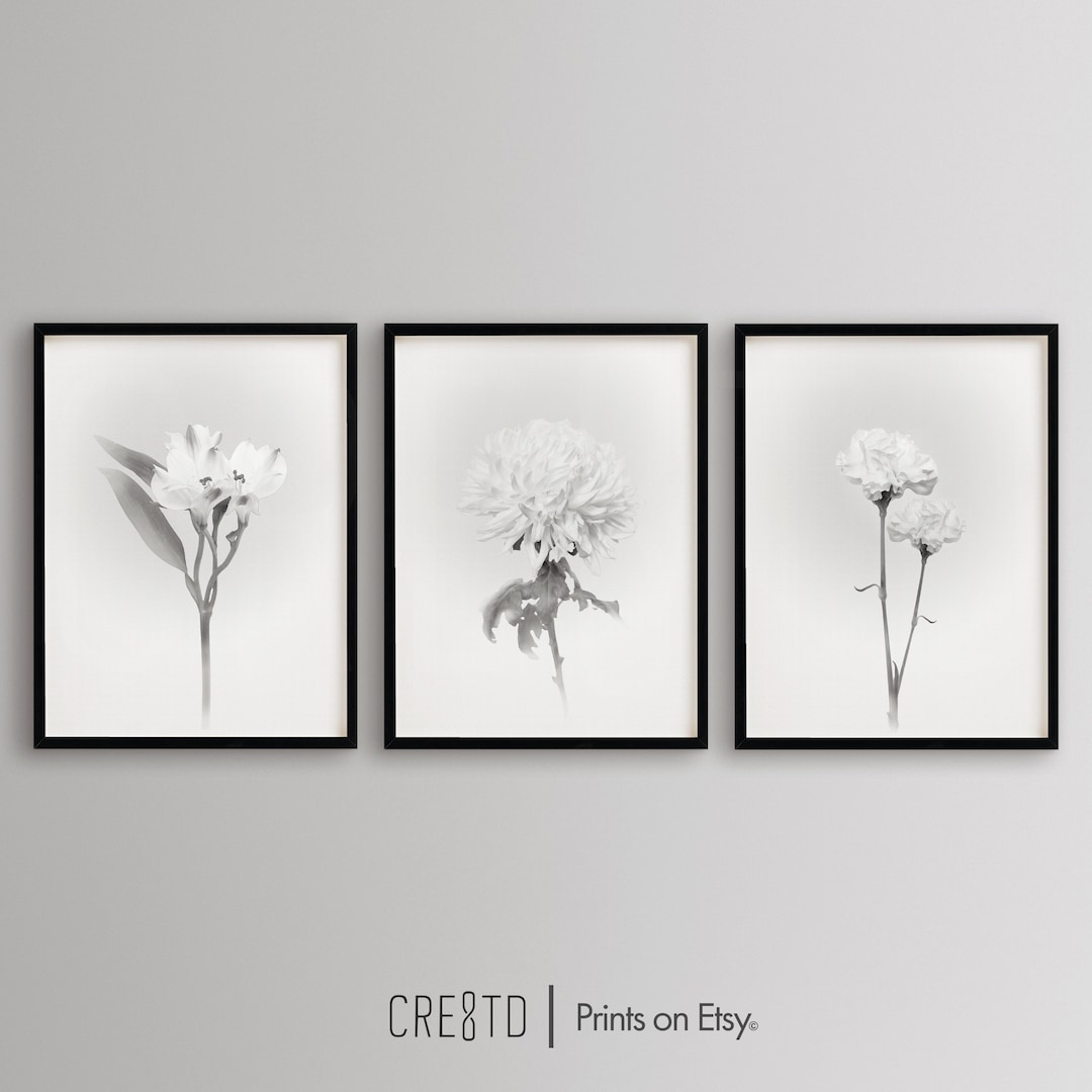 Black and White Floral Prints, Printable Wall Art, 3-piece Art Set ...