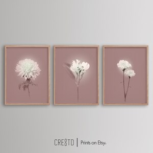 Art mural de fleurs florales blanches roses, ensemble d&#39;art de 3 pièces, impression florale vintage, art mural tryptique, art mural bohomoderne, art mural imprimable de fleurs