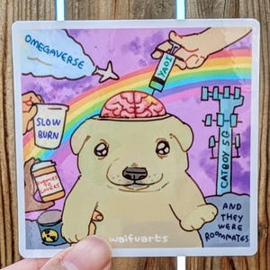Könnte beinhalten: Quadratischer Aufkleber mit einem Cartoon-Hund, einem Gehirn und einem Regenbogen. Der Text enthält "OMEGAVERSE", "SLOW BURN", "CATBOY SQ" und "AND THEY WERE ROOMMATES". Der Aufkleber hat ein farbenfrohes, skurriles Design.
