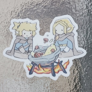 May include: A cartoon illustration of two people cooking over a fire. One person is stirring a pot with a wooden spoon, while the other is adding ingredients. The pot is filled with mushrooms and other ingredients. The fire is depicted with orange flames.