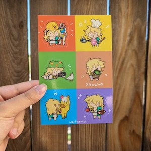 Puede incluir: Un conjunto de seis pegatinas coloridas con un personaje de dibujos animados de pelo rubio y diferentes atuendos. Las pegatinas están sobre un fondo blanco y tienen un acabado brillante. El texto en las pegatinas incluye "yahaha" y "waffarts".