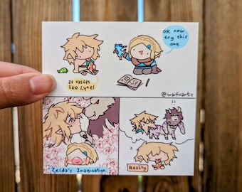 May include: A comic strip featuring a cartoon character with blonde hair and green eyes. The character is holding a blue bird and a book. The text in the comic strip reads "OK now try this one" and "It tastes like Lynel". The comic strip is divided into four panels. The first panel shows the character holding the blue bird. The second panel shows the character holding the book. The third panel shows the character's imagination of the bird. The fourth panel shows the character's reality of the bird. The comic strip is drawn in a cute and whimsical style.