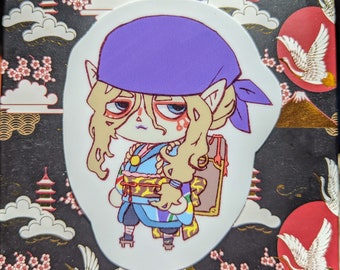 May include: A cartoon illustration of a character with long blonde hair, wearing a purple bandana, a blue and yellow kimono, and holding a brown book. The character has a light blue background.