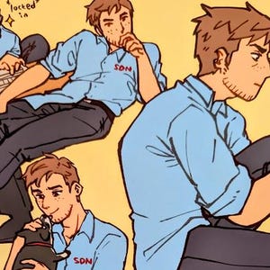 Puede incluir: Impresión artística de cómic que presenta a un hombre con camisa azul y pantalón oscuro en varias poses. La impresión incluye bocadillos de texto con frases como "locked in" y "You've been working too hard. Let me help you relax."