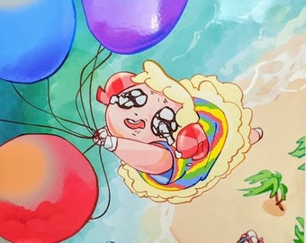 May include: A cartoon sheep with rainbow-colored clothing is holding onto a bunch of colorful balloons. The sheep is flying over a beach scene with palm trees and a person in a beach chair. The image is signed "@waifuuarts" in the bottom right corner.