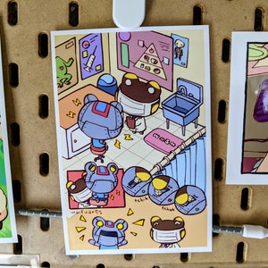 May include: A cartoon illustration of a frog wearing a lab coat and a mask. The frog is standing in a room with a sink, a table, and a poster on the wall. The poster shows a food pyramid. The frog is holding a test tube. The text "Winfuworts" and "Tchik" are visible in the image.