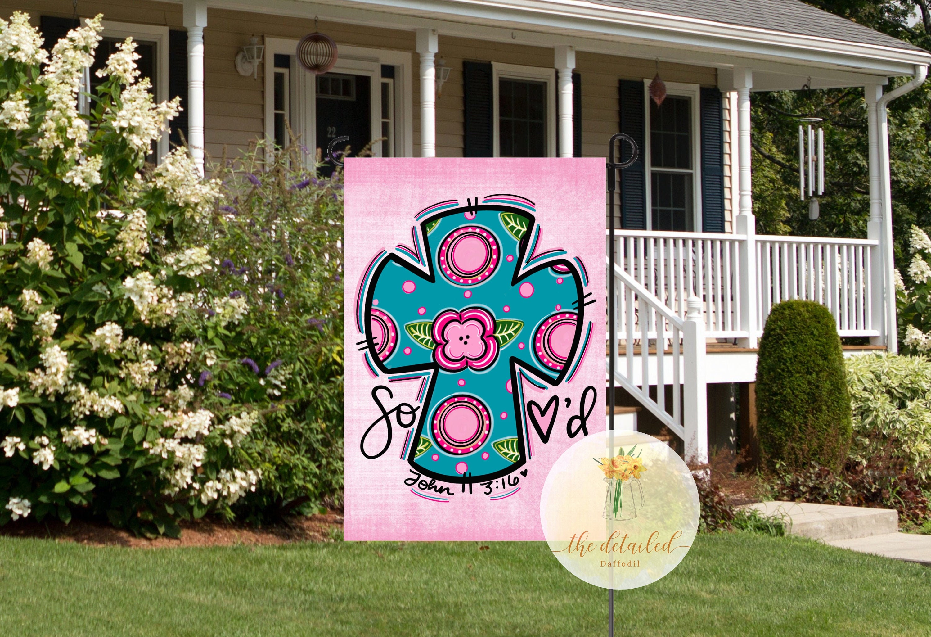CHRISTIAN GARDEN FLAG So Loved Floral Cross Flowers