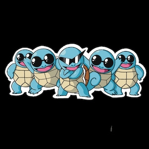 May include: Five blue cartoon turtles with black sunglasses. The turtle in the center has its arms crossed and is wearing sunglasses with a white frame. The other turtles are smiling.