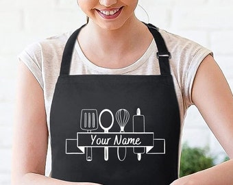 Printed Personalised Apron with pockets Customised Printed Kitchen Aprons for Women & Men  Christmas Gift For Her Birthday Custom Name Apron