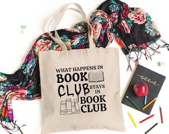 Bolsa de tela "What Happens In Book Club", bolsa de tela "Book Club Secret Keeper": regalo perfecto para amantes de los libros, bibliotecarios y profesores.