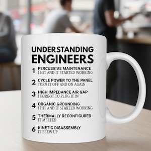 May include: White ceramic mug featuring the text "UNDERSTANDING ENGINEERS" and a humorous list of engineering troubleshooting steps. The mug has a curved handle, suitable for hot drinks.