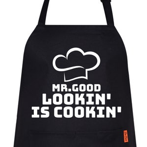 Mr Good Lookin&#39; is Cookin Funny Printed Kitchen Cooking apron Chef Aprons for Men Women DAD Father&#39;s Day Gift BBQ Novelty Restaurant
