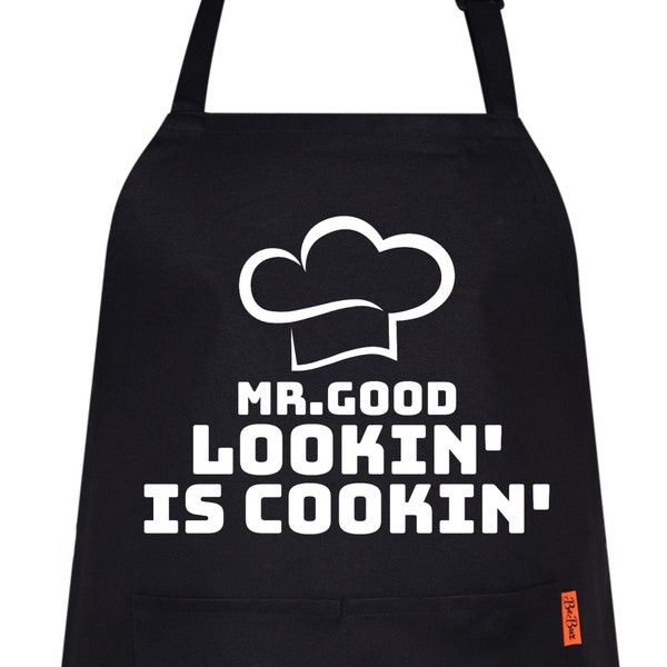 Mr Good Lookin' is Cookin Tablier de cuisine imprimé drôle Tabliers de chef pour hommes femmes PAPA cadeau fête des pères barbecue nouveauté restaurant