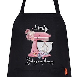 Delantal personalizado, regalo de repostería con acuarela rosa, delantal de flores de acuarela, regalo de cocina, regalo para ella, hecho a medida, hornear es mi terapia