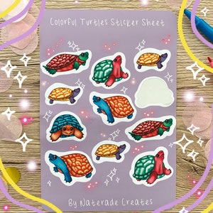 Colorful Turtles Sticker Sheet, Turtle Stickers by Naterade Creates