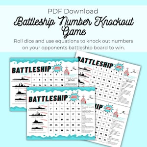 May include: A Battleship Number Knockout game PDF download featuring printed game boards with grids, ship silhouettes, and instructions. The text includes 'PDF Download', 'Battleship Number Knockout Game', and 'Roll dice and use equations to knock out numbers on your opponents battleship board to win.'