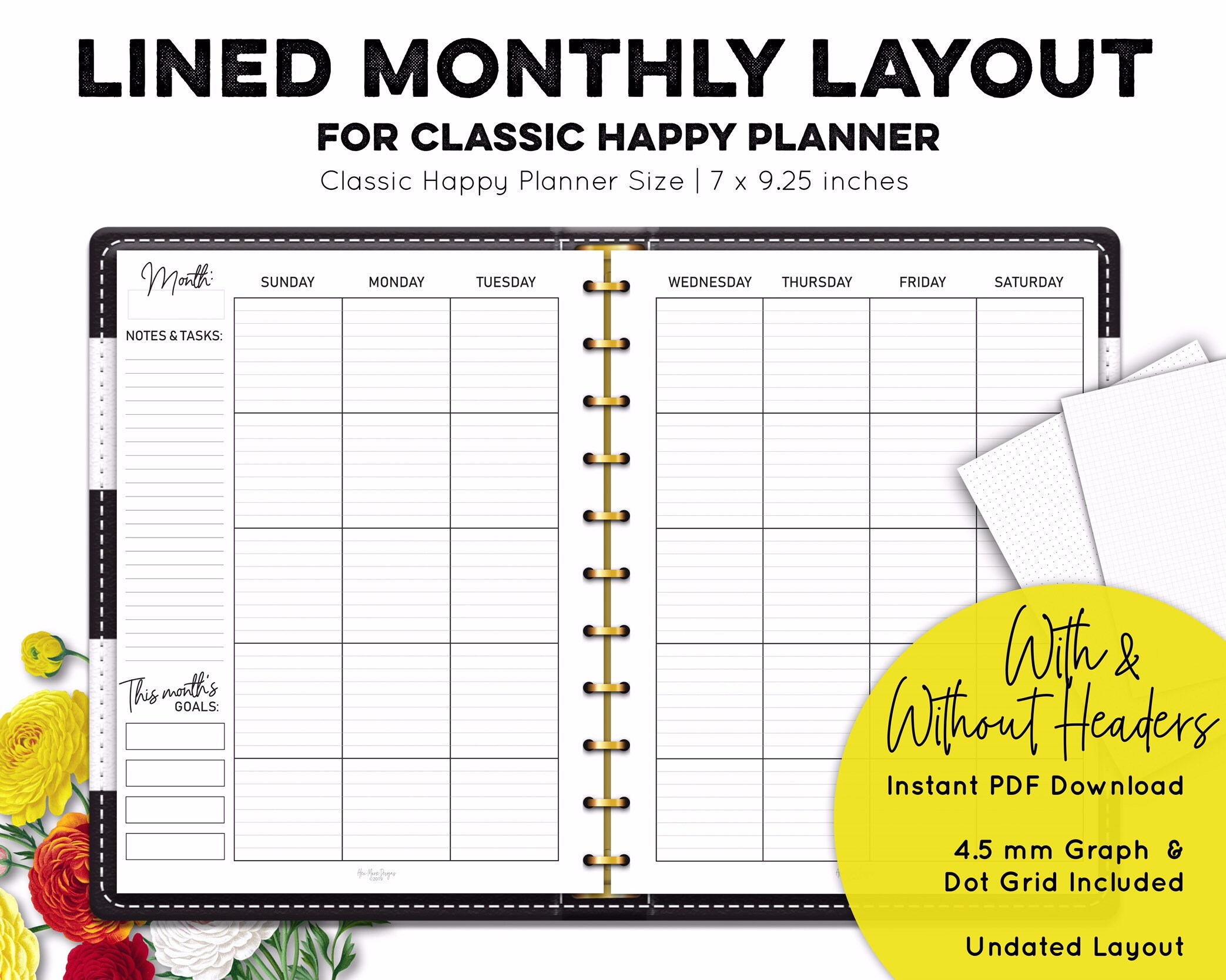 Classic Happy Planner Size Lined Monthly Calendar Month On Etsy