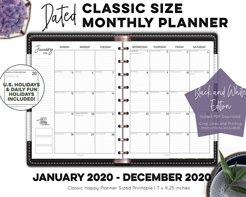 2020 dated lined monthly calendar classic happy planner size etsy