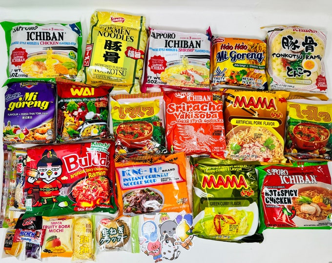 Exotisches asiatisches Ramen | Sortierte Ramen-Box | Gemischte Nudeln Box | Samyang | Koreanisch Japanisch Thai | mit kostenlosen Snacks & Stickers 12 Pack SALE