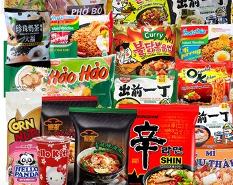 Authentische asiatische Mystery Variety Instant Ramen Noodle Pack Assorted Box | Exotische Geschmacksrichtungen + Asiatische Snacks und süße Aufkleber