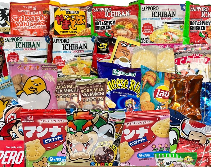 Japanische Instant Ramen und asiatische Snack Varietät (10 Stück) mit niedlichen Aufklebern, Pflegepaket