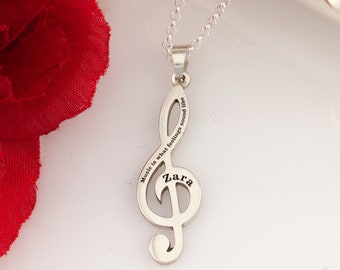 Treble Clef necklace engraved with text of your choice - personalized music note jewelry