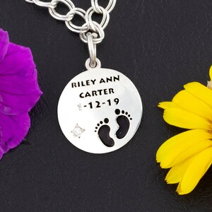 Custom Baby Feet Round Domed Charm with Birthstone - 15mm - Personalize with Baby Name and Baby Birthdate